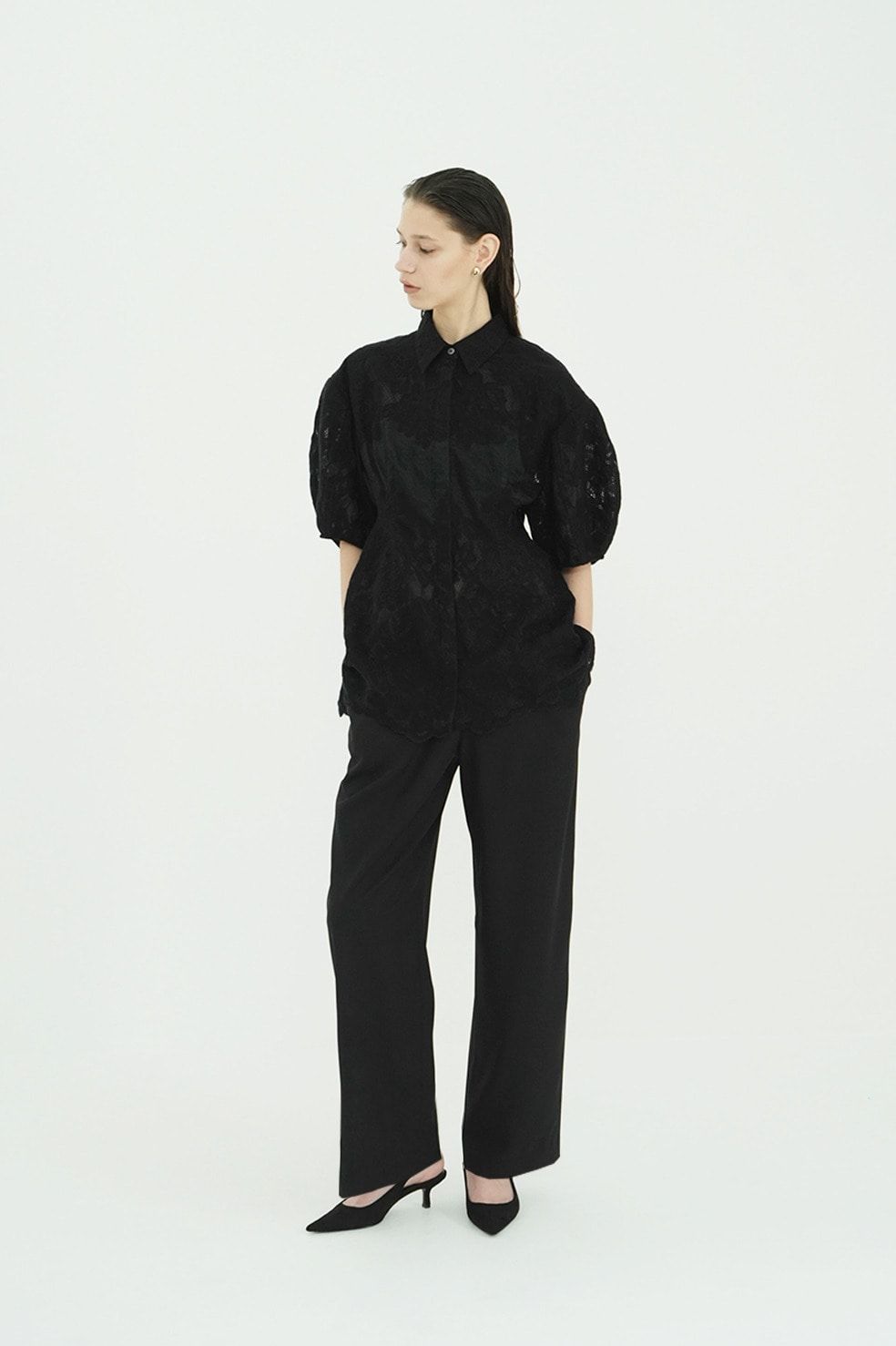 フラワーレーストップス -  FLOWER LACE WAIST SHAPE TOPS (BLACK)