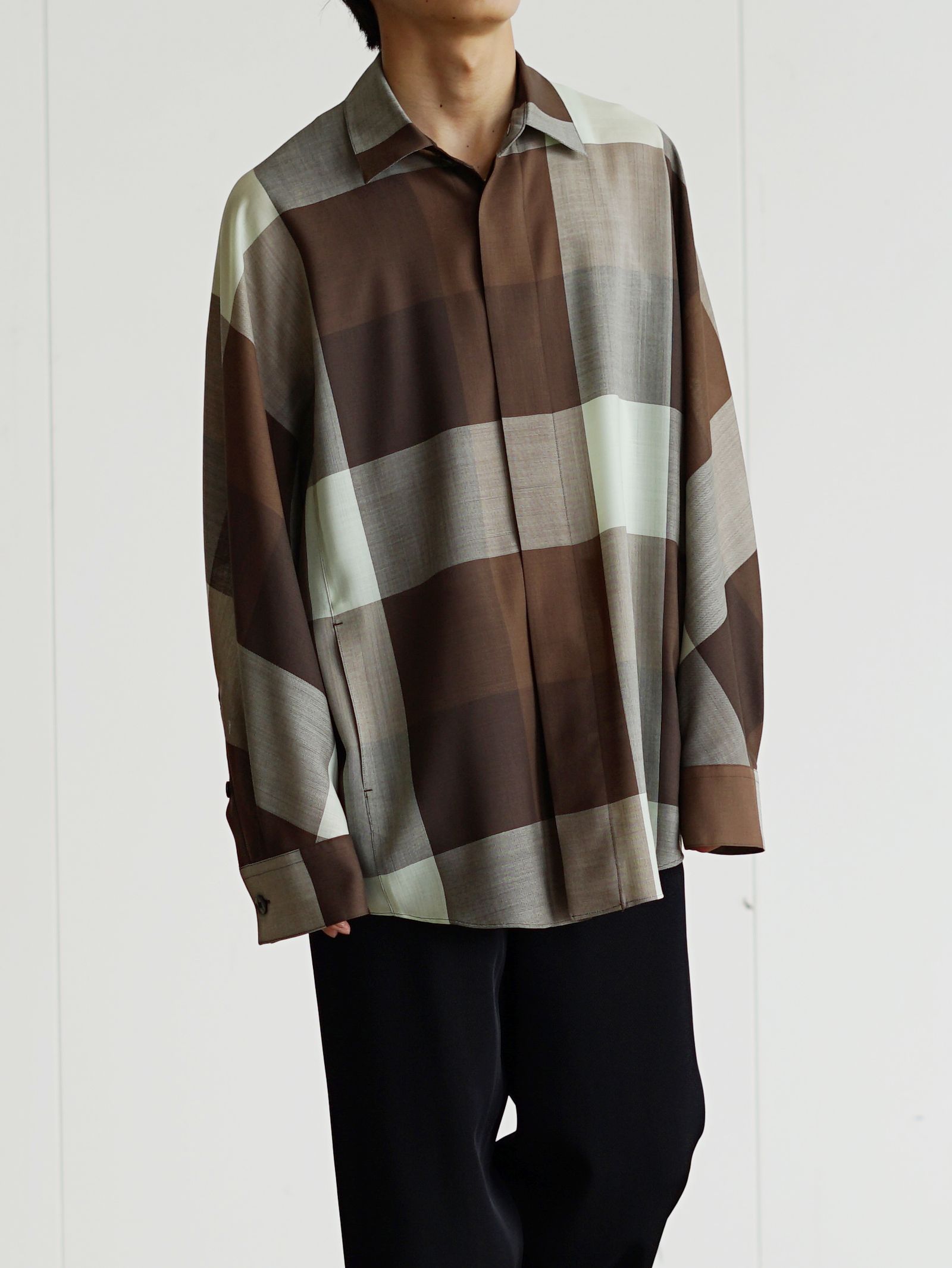 ウールシャツ - Dolman Sleeve Light Wool Shirt (GREEN×TAN)