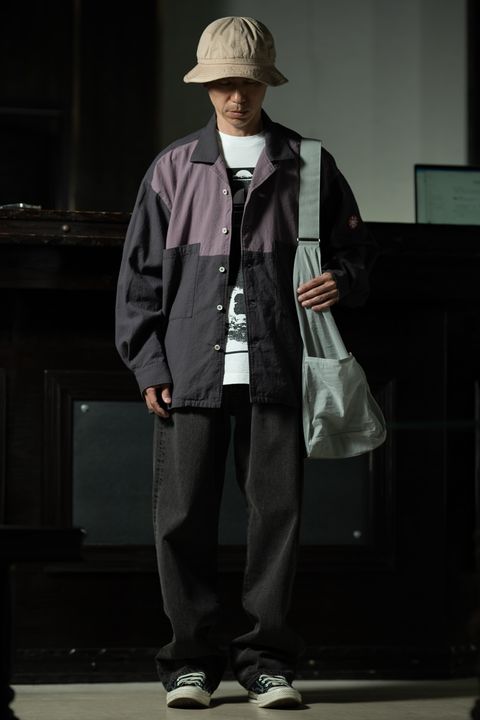Faded Panel — C.E Coloured Cotton Twill Open Shirt Charcoal × YOUTH OF THE WATER 墨染デニム
