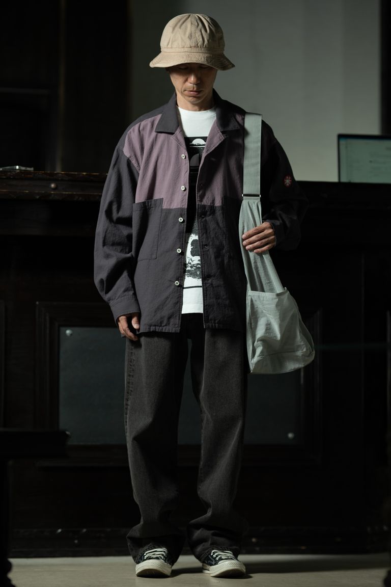 Faded Panel — C.E Coloured Cotton Twill Open Shirt Charcoal × YOUTH OF THE WATER 墨染デニム