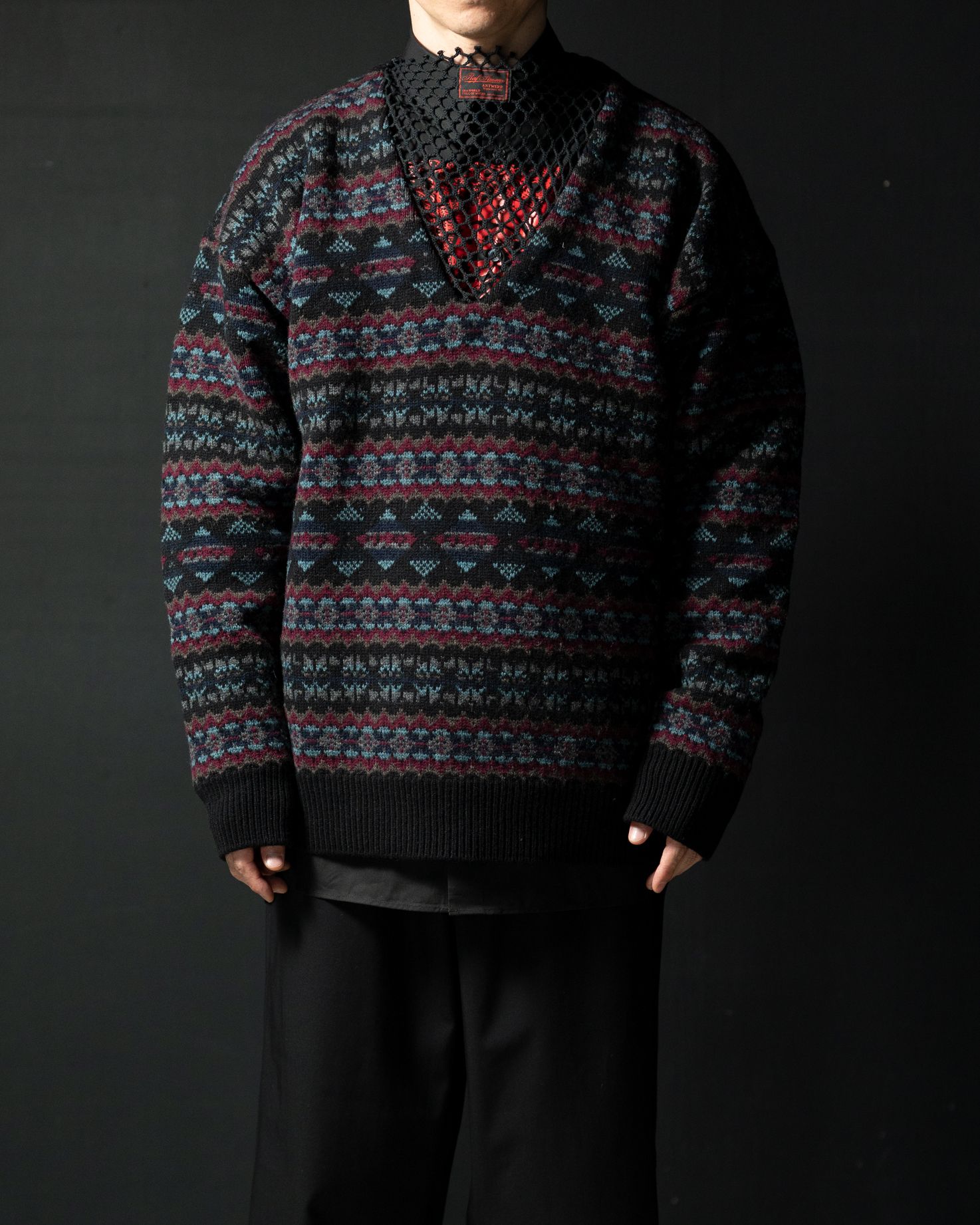 RAF SIMONS - Fair Isle jacquard V-neck sweater with net insert 