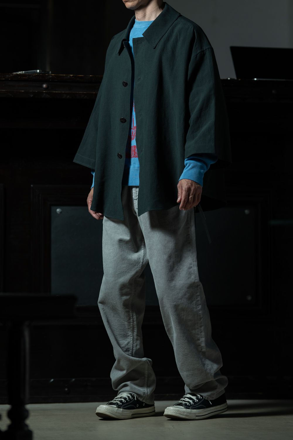 Organic Blue — C.E OVERDYE MD PLain Speech CREW NECK × amachi. Three Quarter Sleeve Coat Shirt