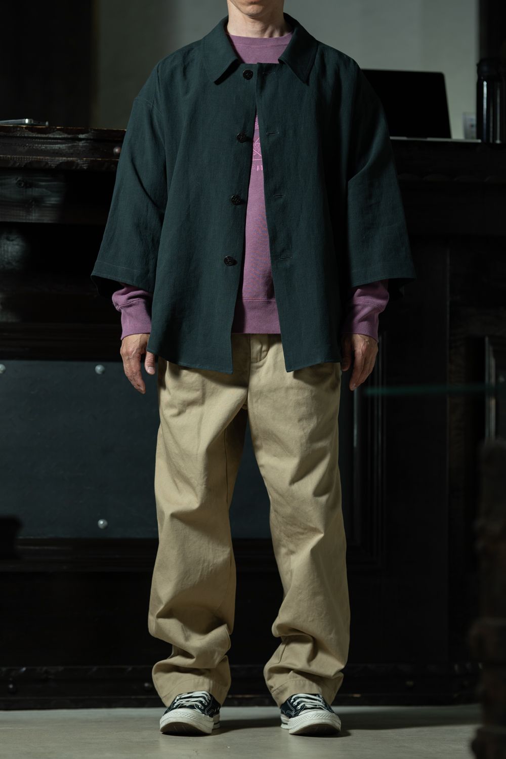 C.E Overdye Paradigm Crew Neck × amachi. Three Quarter Sleeve Coat Shirt