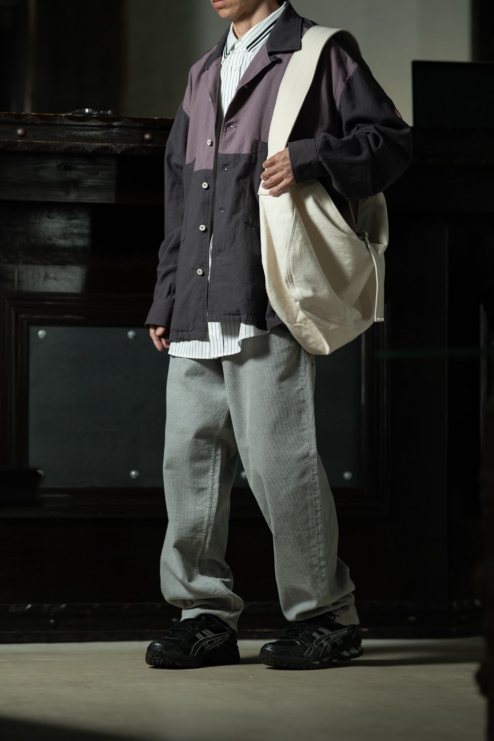 Pinstripe Contrast — C.E Coloured Cotton Twill Open Shirt Charcoal × Kris Van Assche × FRED PERRY