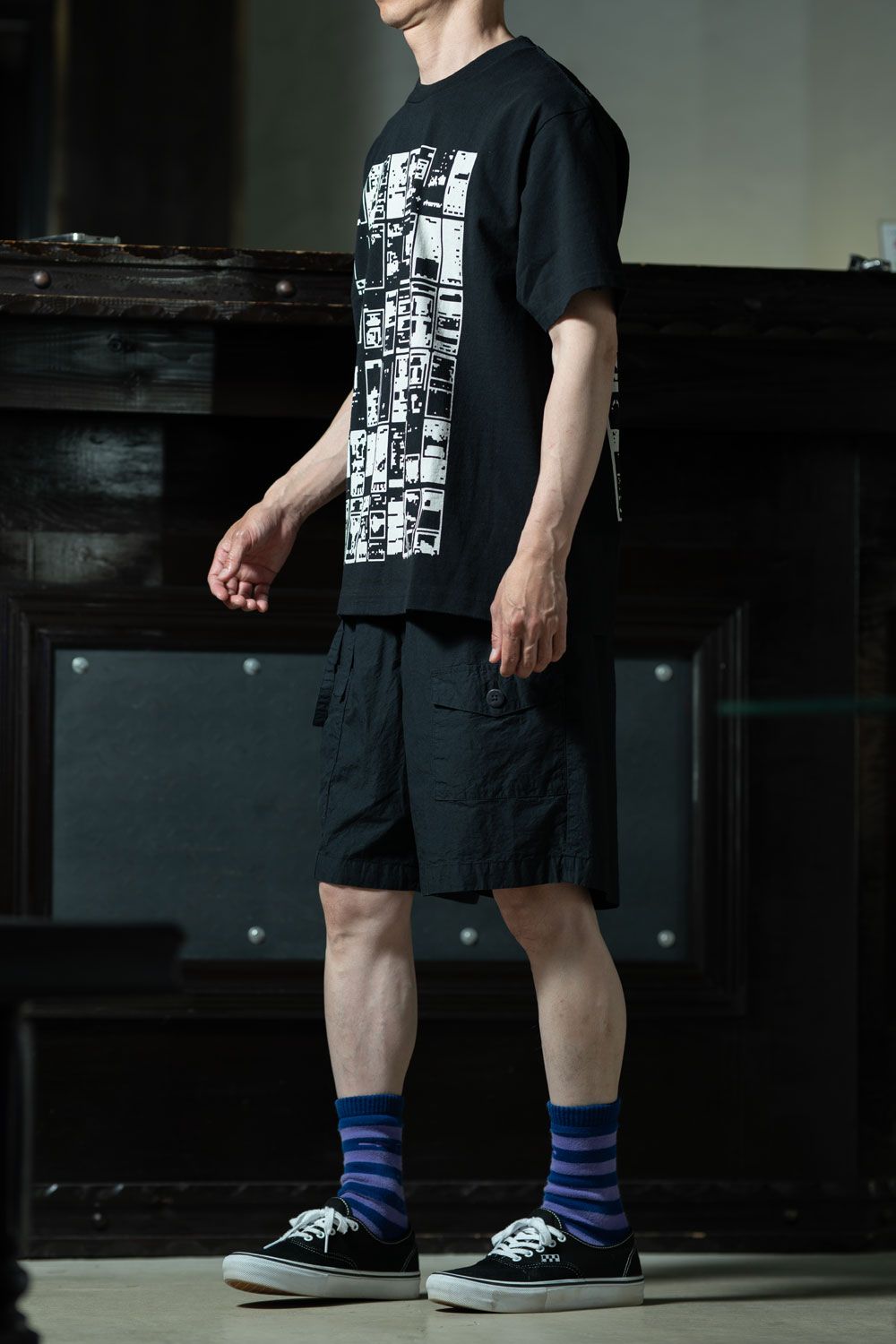 C.E MD Gui T × amachi. Field Work Shorts、黒T×黒ショーツで組む初夏のオールブラックコーデ