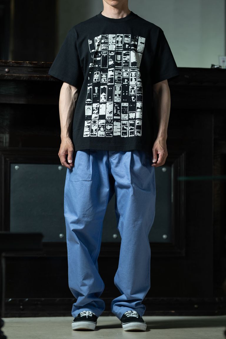 C.E MD Gui T × Overdye Two Tuck Pants Purple、黒Tとパープルパンツで組むオールC.Eスタイル