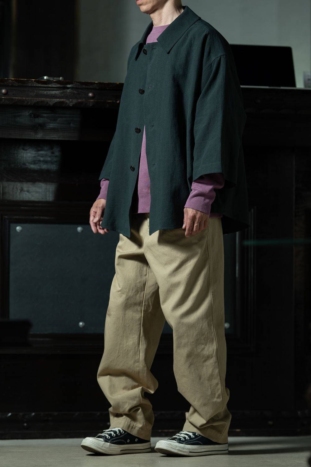 C.E Overdye Paradigm Crew Neck × amachi. Three Quarter Sleeve Coat Shirt