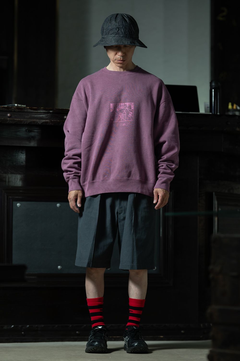 Work & Pink — C.E Overdye Paradigm Crew Neck × T.T Lot.215 U.S. Army Shorts