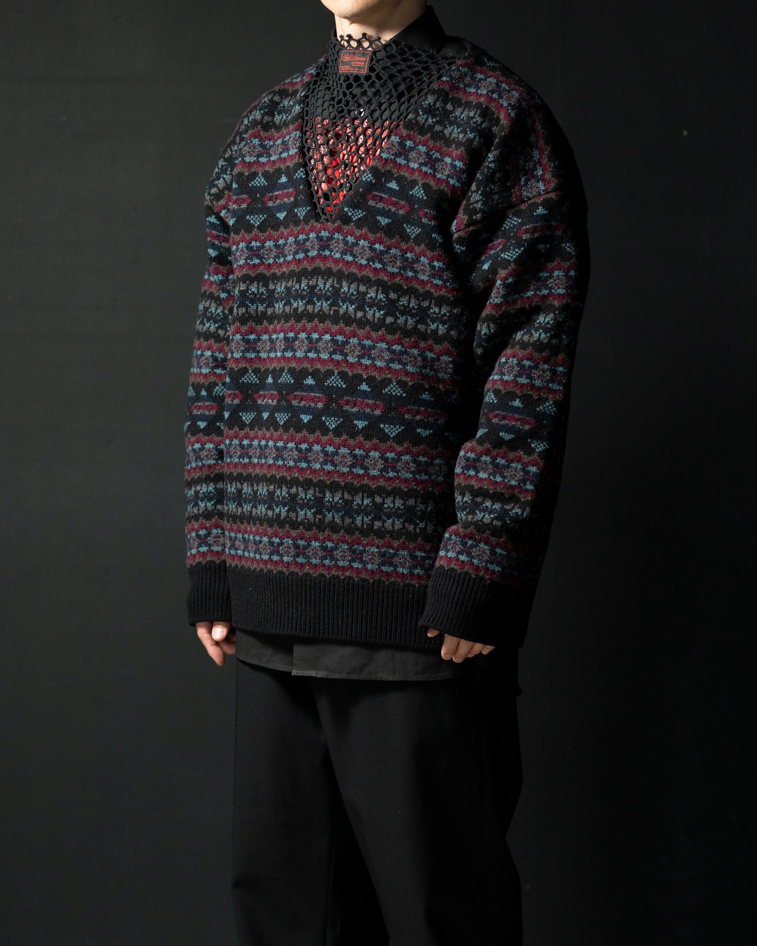 RAF SIMONS - Fair Isle jacquard V-neck sweater with net insert