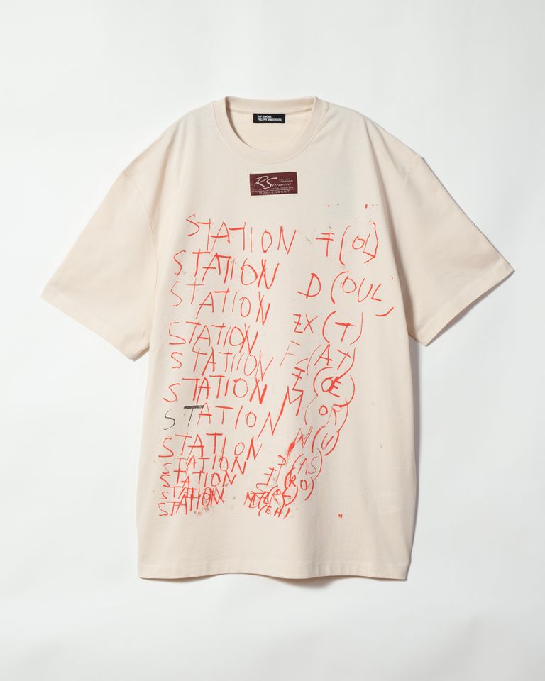 ラフシモンズ(Raf Simons)は、ベルギー出身のデザイナーであり、フィリップ・ヴァンデンバーグの作品に着想を得た最後のコレクションを発表しました。ヴァンデンバーグの作品は、強烈な筆致や濃い色調が特徴的であり、社会批判や政治的な問題に対する彼の強い思いが表現されています。ラフシモンズは、この個性的で強烈なグラフィックをアイテムに落とし込み、ラフシモンズらしい洗練されたデザインと融合させました。