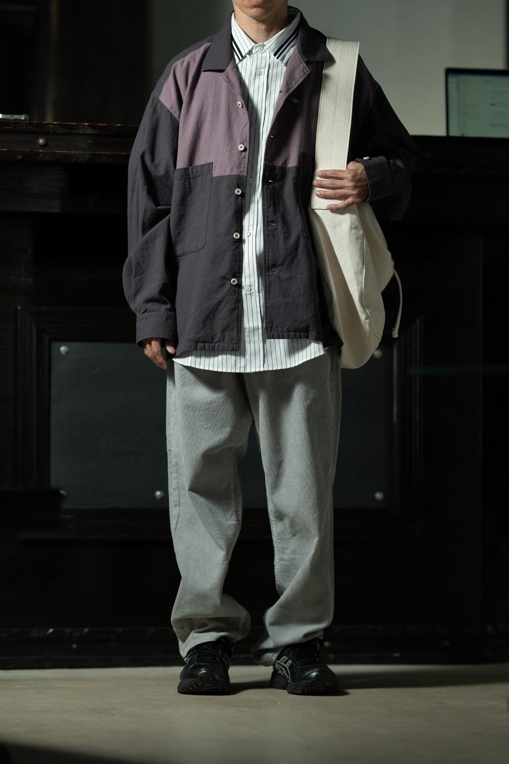 Pinstripe Contrast — C.E Coloured Cotton Twill Open Shirt Charcoal × Kris Van Assche × FRED PERRY