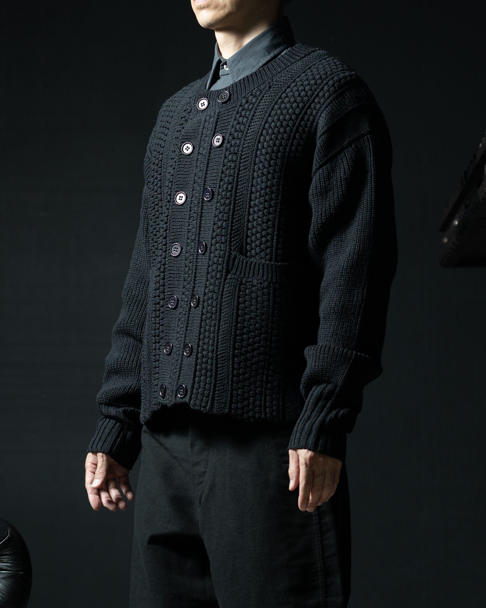 LOT.506 DB CARDIGAN SILK WOOL BLACK - TAIGA TAKAHASHI