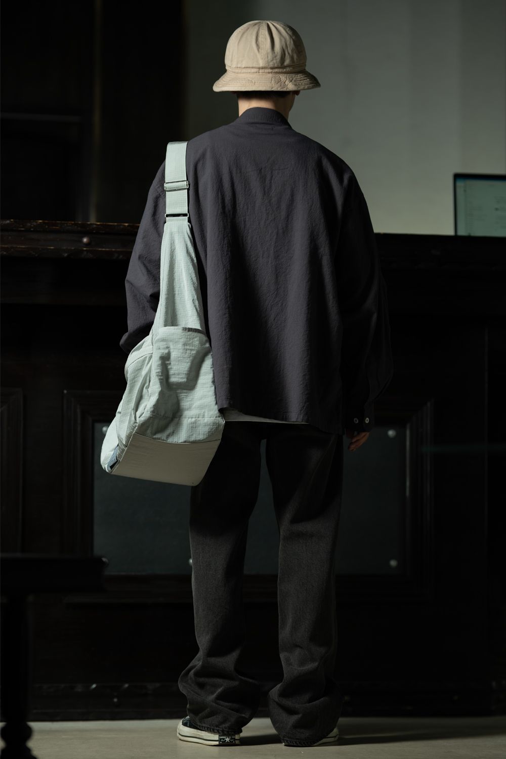 Faded Panel — C.E Coloured Cotton Twill Open Shirt Charcoal × YOUTH OF THE WATER 墨染デニム