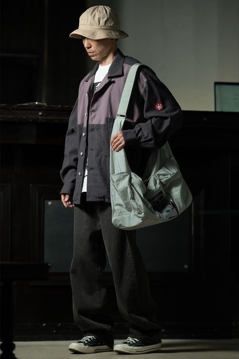 Faded Panel — C.E Coloured Cotton Twill Open Shirt Charcoal × YOUTH OF THE WATER 墨染デニム