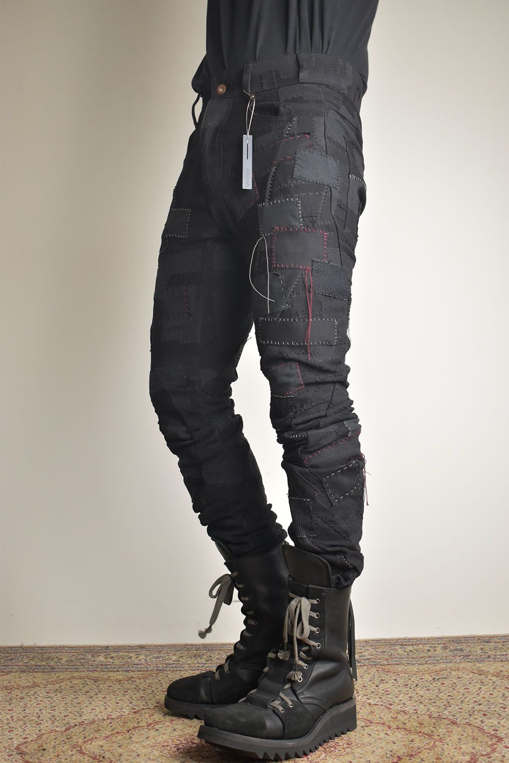 Hand Patchwork Crust Jacquard Overlock Twist Curve Pants "Black" / ハンドパッチワーククラストジャガードオーバーロックツイストカーブパンツ"ブラック"