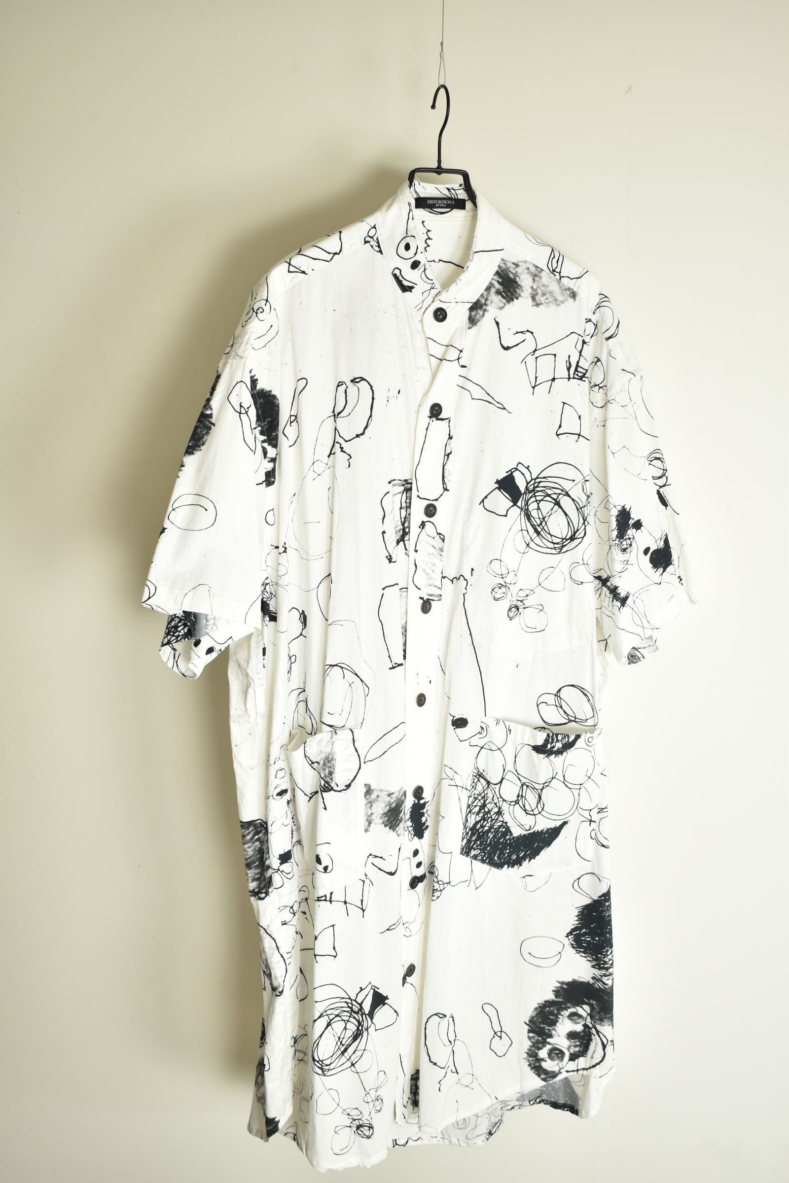 Cotton Twill Ink Jet Short-Sleeved Big Shirt&Dress"White Black" / コットンツイルインクジェット半袖ビッグシャツ / ワンピース"ホワイト ブラック"