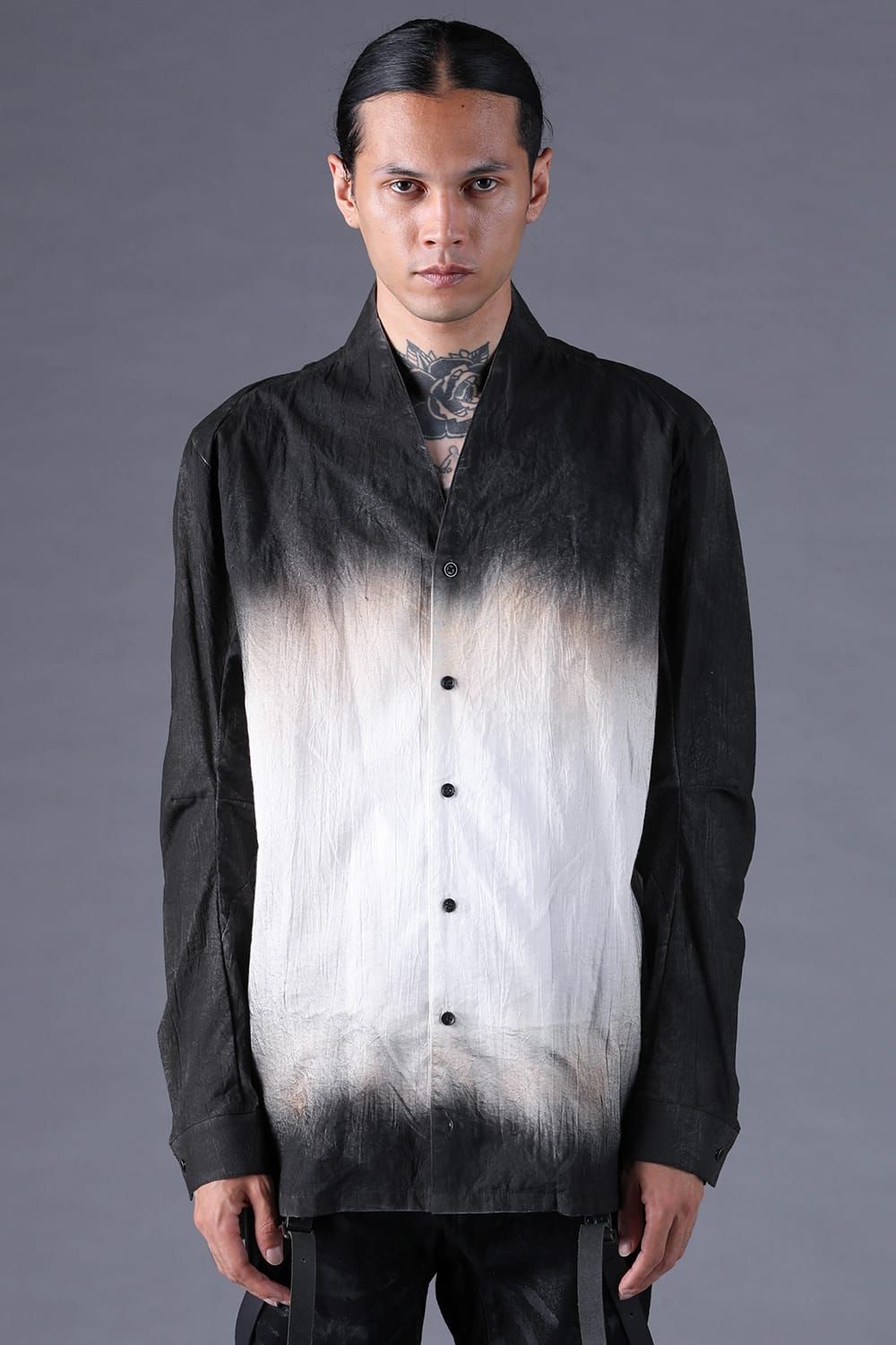 《2027SS先行予約分》Washer Loan Gradation Shawl-Collar Long Sleeve Shirt"Black" / ワッシャーローングラデーションショールカラーロングスリーブシャツ"ブラック"