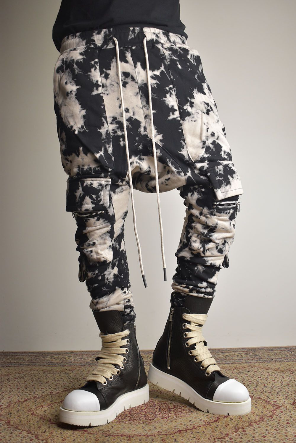 Discharge Pinting Cargo Sarouel Skinny"Black×Ivory" /ディスチャージプリントカーゴサルエルスキニー"ブラック×アイボリー"