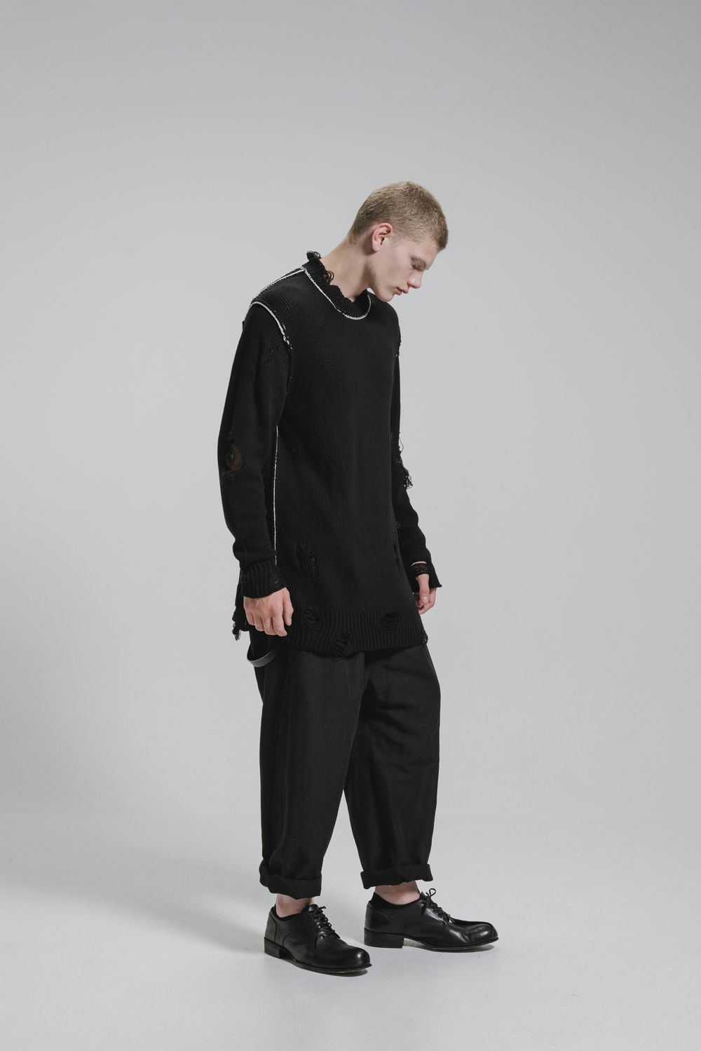 Cotton 3GG Damaged Knit Pullover"Black" / コットン 3GG ダメージニットプルオーバー"ブラック"