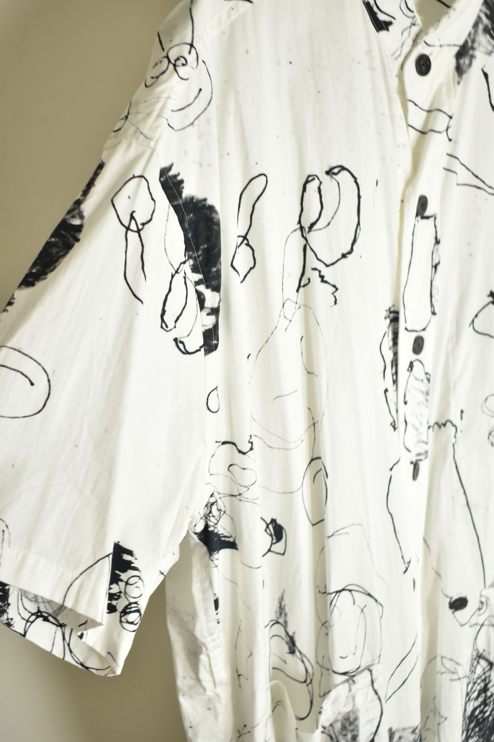 Cotton Twill Ink Jet Short-Sleeved Big Shirt&Dress"White Black" / コットンツイルインクジェット半袖ビッグシャツ / ワンピース"ホワイト ブラック"