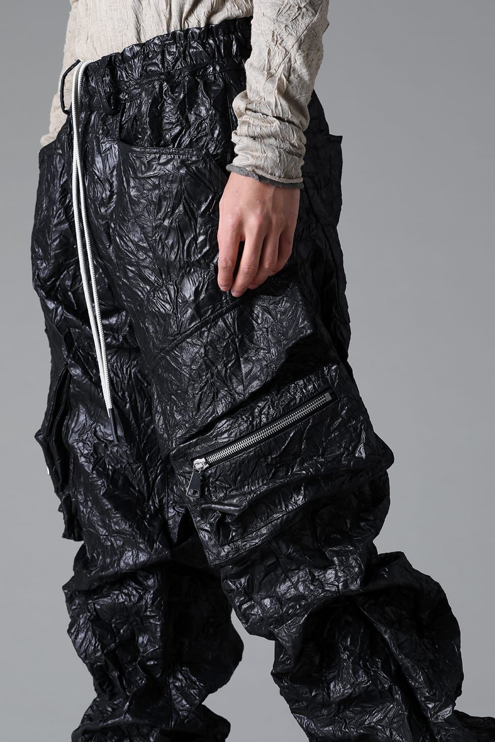 Washer Synthetic Leather Boots Cut Tuck Cargo Pants"Black " / ワッシャーシンセティックレザーブーツカットタックカーゴパンツ"ブラック"