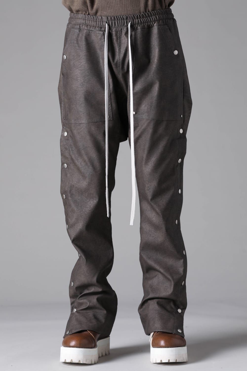 《2026AW先行予約》Vegan Leather Sarrouel Flare Pants"Smoke Black / Khaki" / ヴィーガンレザーサルエルフレアパンツ"スモークブラック/カーキ"