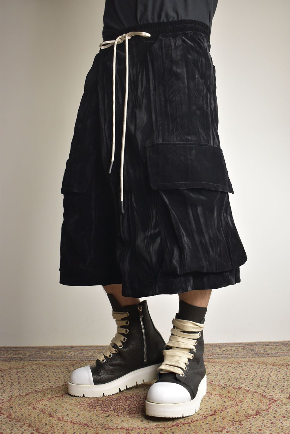 Washer Velour Wrap Skirt Pants"Black" / ワッシャーベロアラップスカートパンツ"ブラック"