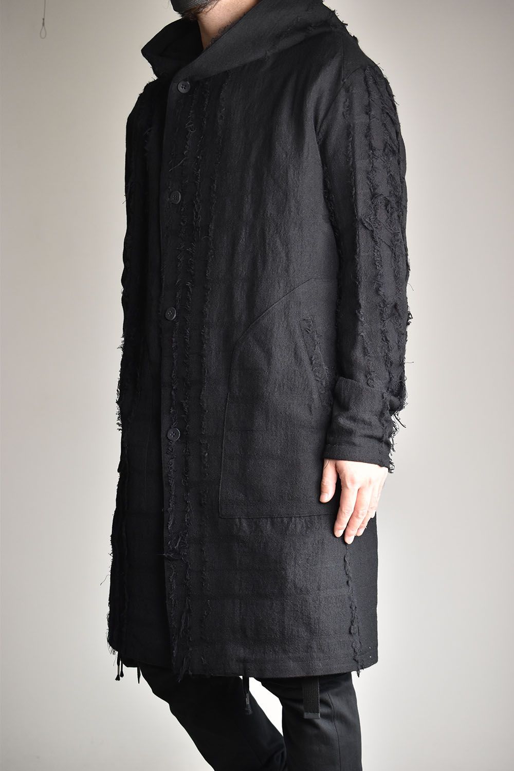 Wool SCAB Broken Stripe Jacquard Hooded Half Coat"Black/"ウールSCABブロークンストライプジャガードフーデットハーフコート"ブラック"