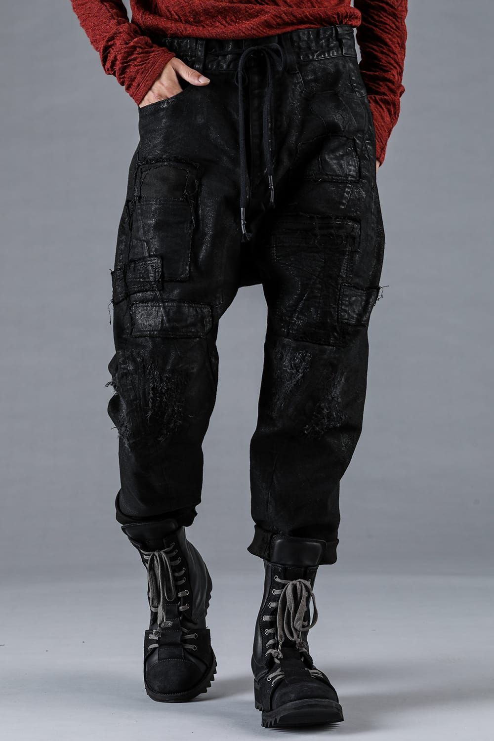 Product Coating Stretch Denim Damage Repair Cropped Pants “Black / 製品コーティングストレッチデニムダメージリペアクロップドパンツ"ブラック"