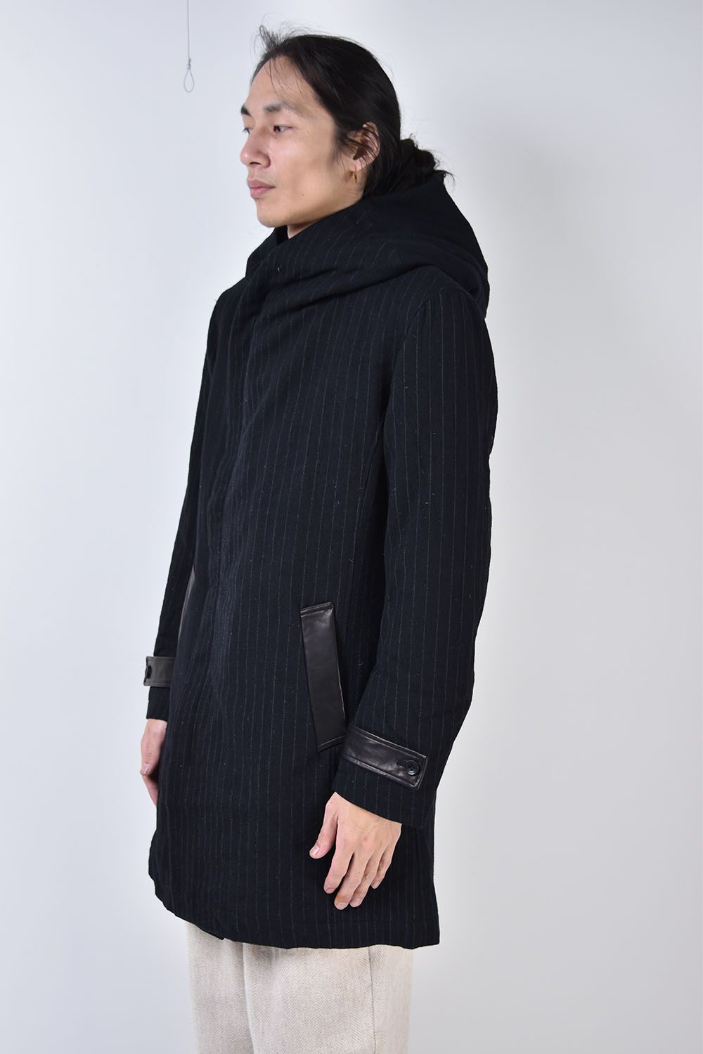Compression Wool Random Stripe Hoodie Down Coat"Black"/コンプレッションウールランダムストライプフーディダウンコート"ブラック"