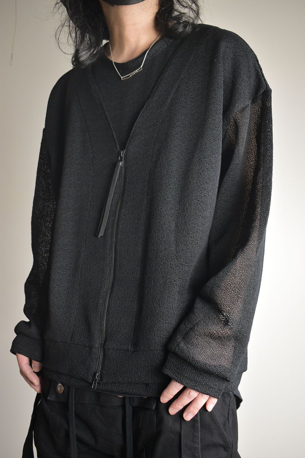 Cotton Low Gauge Knit Cardigan Layered Pullover"Black" / コットンローゲージニットカーディガンレイヤードプルオーバー"ブラック"
