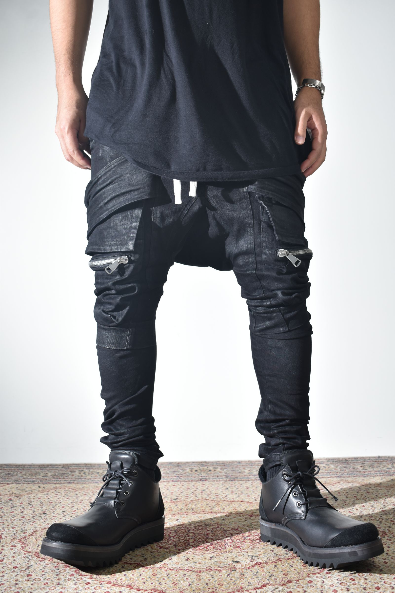 Strtch Denim Coatiing Cargo Sarouel Skinny"Black" / ストレッチデニムコーティングカーゴサルエルスキニー"ブラック"