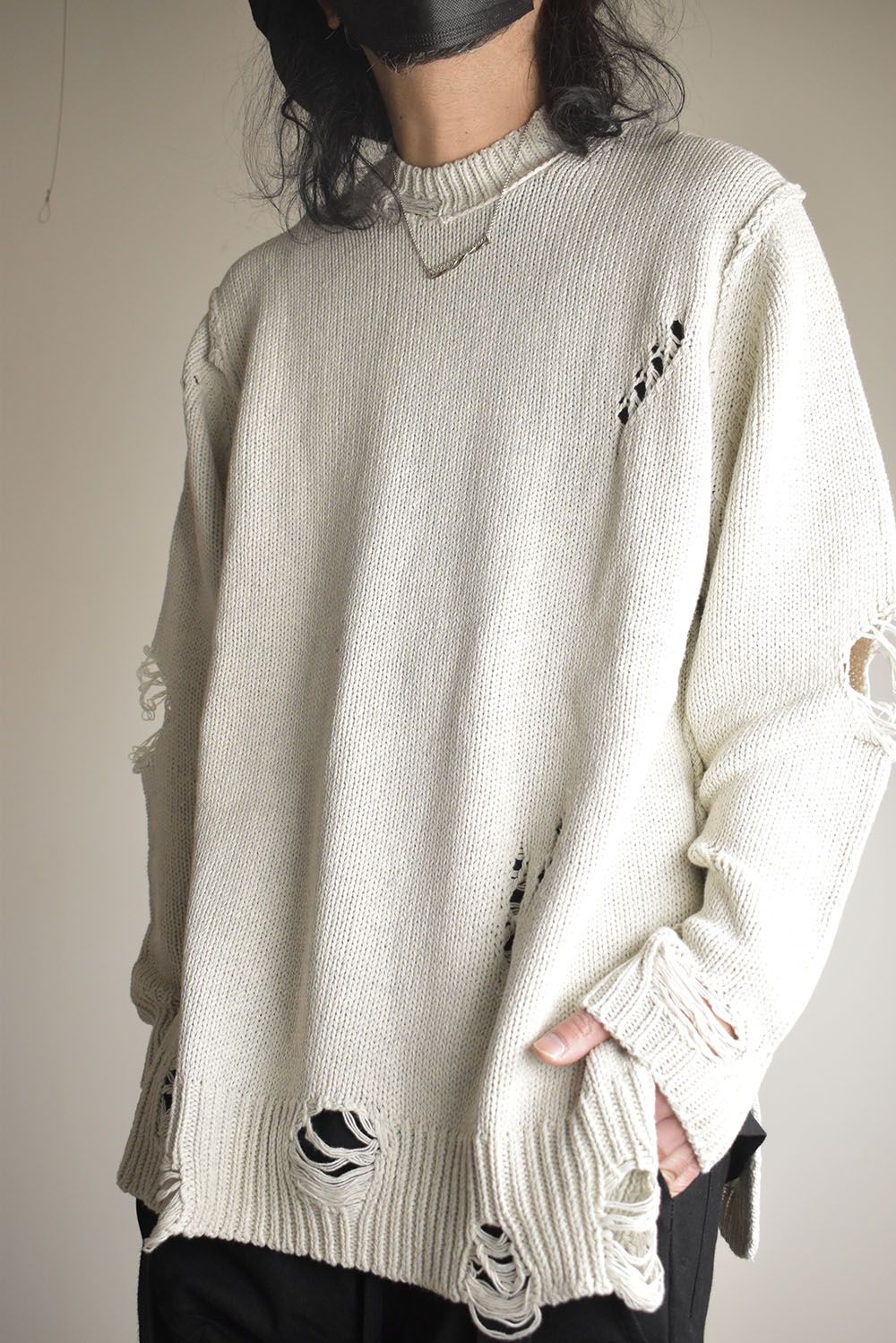 Cotton 3GG Damaged Knit Pullover"Light Grey" / コットン 3GG ダメージニットプルオーバー"ライトグレー"