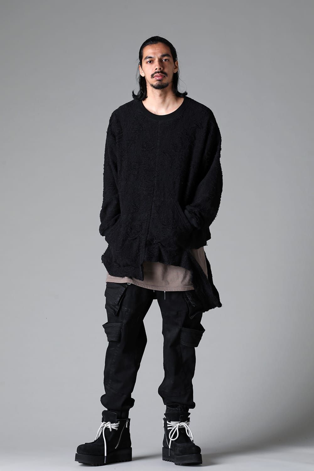 《2025AW先行予約》Damage Pile Arymmetry Crew Neck Top"Black" / ダメージパイル アシンメトリークルーネックトップ"ブラック"