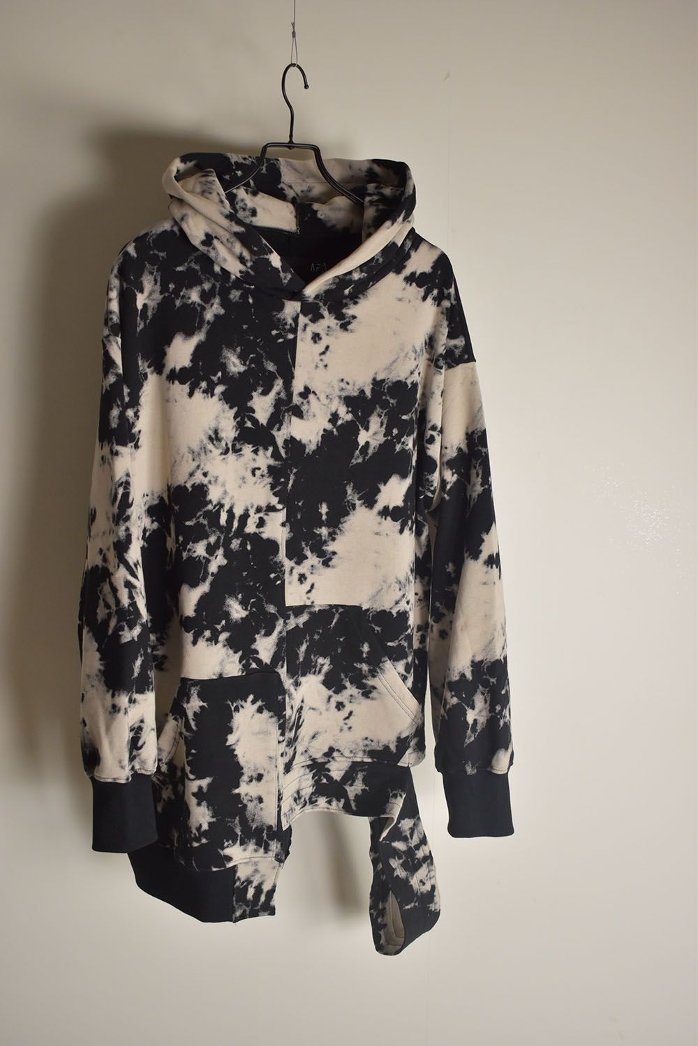 Discharge Pinting Asymmetry Hooded Top"Black×Ivory" /ディスチャージプリントアシンメトリーフーデッドトップ"ブラック×アイボリー"