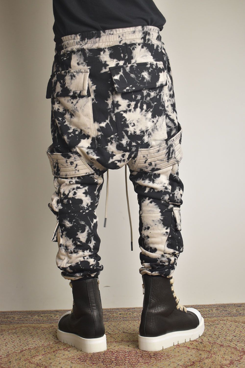 Discharge Pinting Belt Cargo Sarouel Jogger"Black×Ivory" /ディスチャージプリントベルトカーゴサルエルジョガー"ブラック×アイボリー"