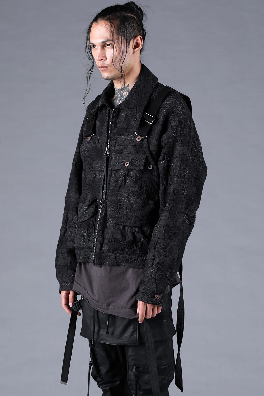 Crust Jacquard Salopette Layered Jacket"Black" / クラストジャガードサロペットレイヤードジャケット"ブラック"