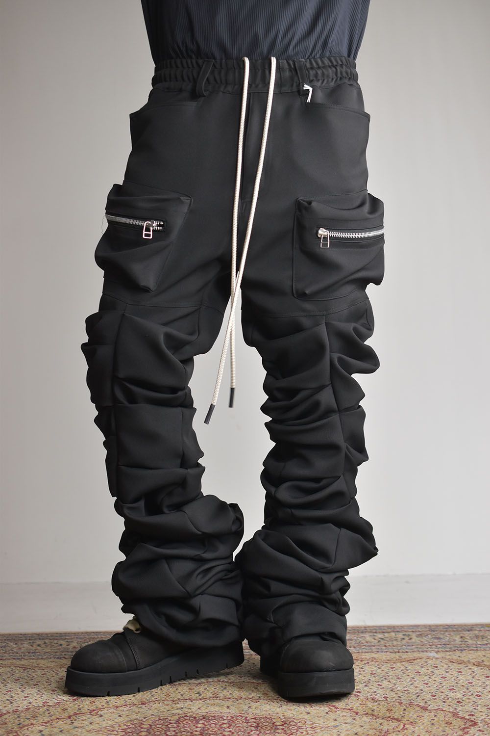 Twill Monster Tuck Flare Baggy Pants"Black"/ツイルモンスタータックフレアバギーパンツ"ブラック"