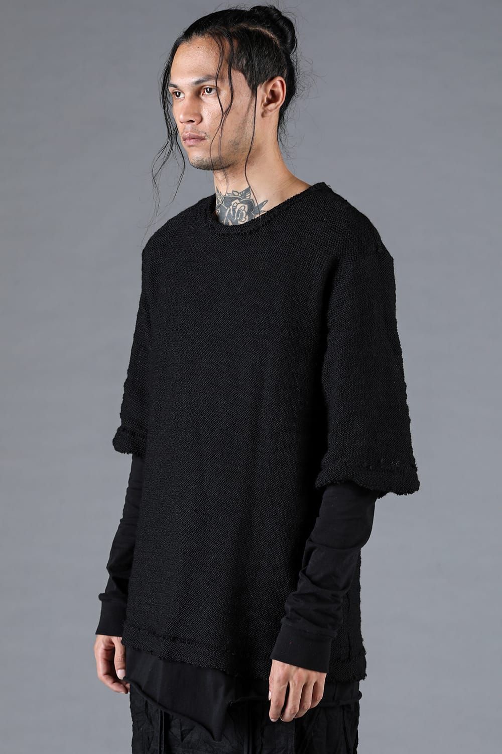 Low Gauge Knit and Cotton Jersey Layered T-Shirt "Black" / ローゲージニット×コットンジャージレイヤードTシャツ"ブラック"