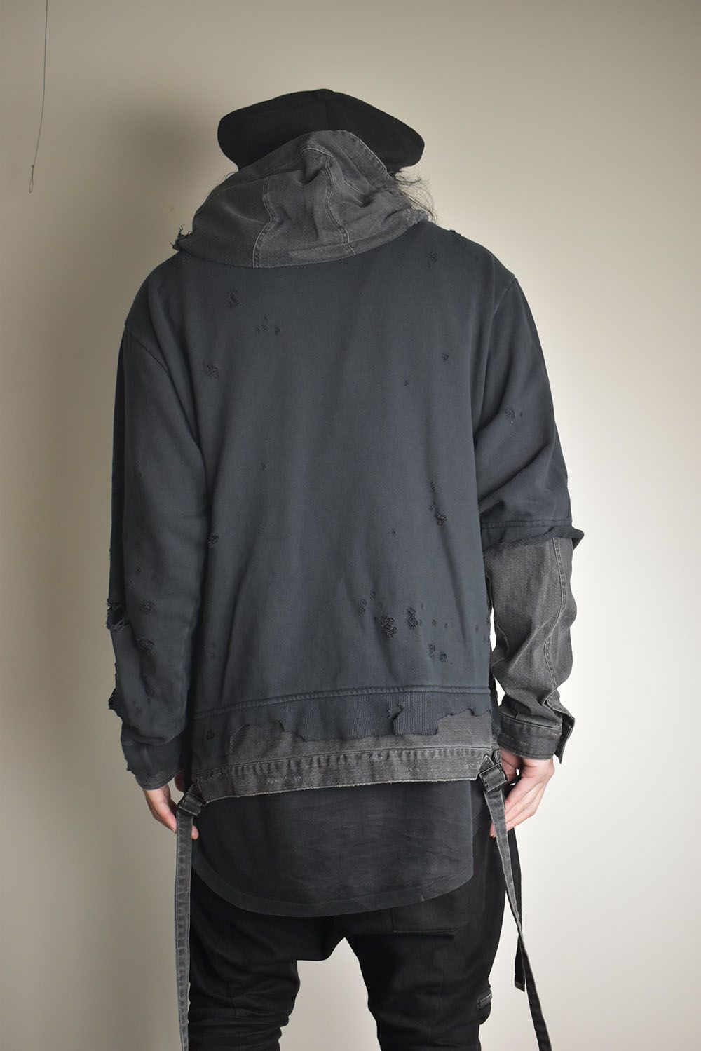Denim Combination Non-Twisted Yarn Lined Oversized Pullover Hoodie"Black" / デニムコンビネーション無撚糸裏毛オーバーサイズプルオーバーフーディー"ブラック"