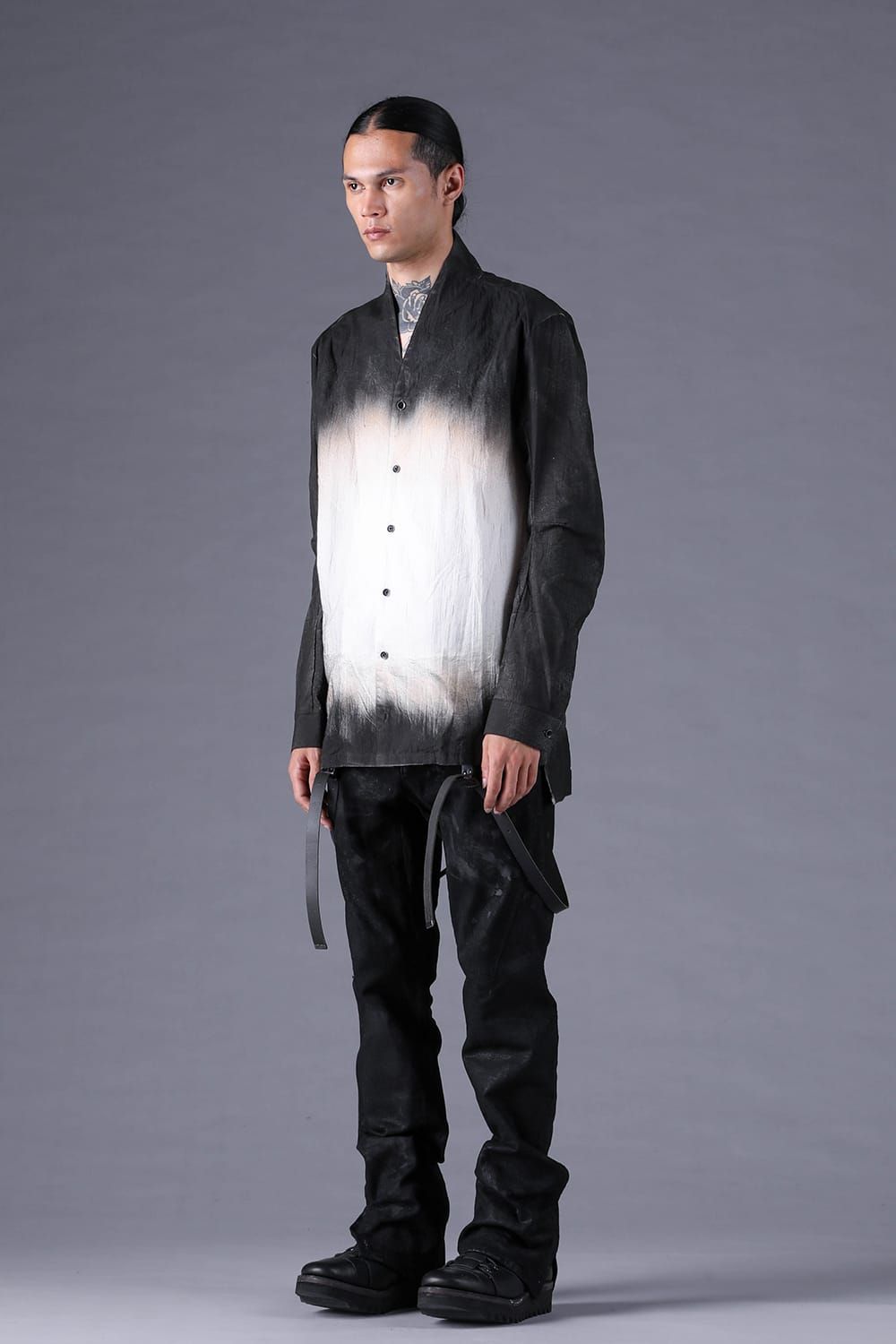 《2027SS先行予約分》Washer Loan Gradation Shawl-Collar Long Sleeve Shirt"Black" / ワッシャーローングラデーションショールカラーロングスリーブシャツ"ブラック"