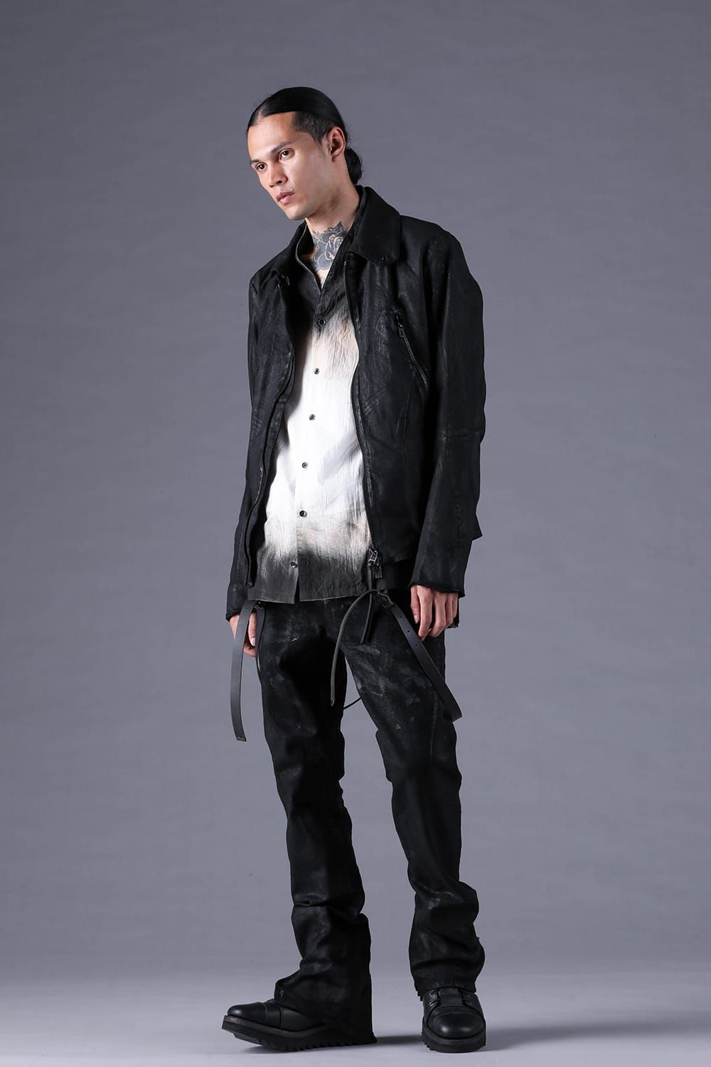 《2027SS先行予約分》Washer Loan Gradation Shawl-Collar Long Sleeve Shirt"Black" / ワッシャーローングラデーションショールカラーロングスリーブシャツ"ブラック"