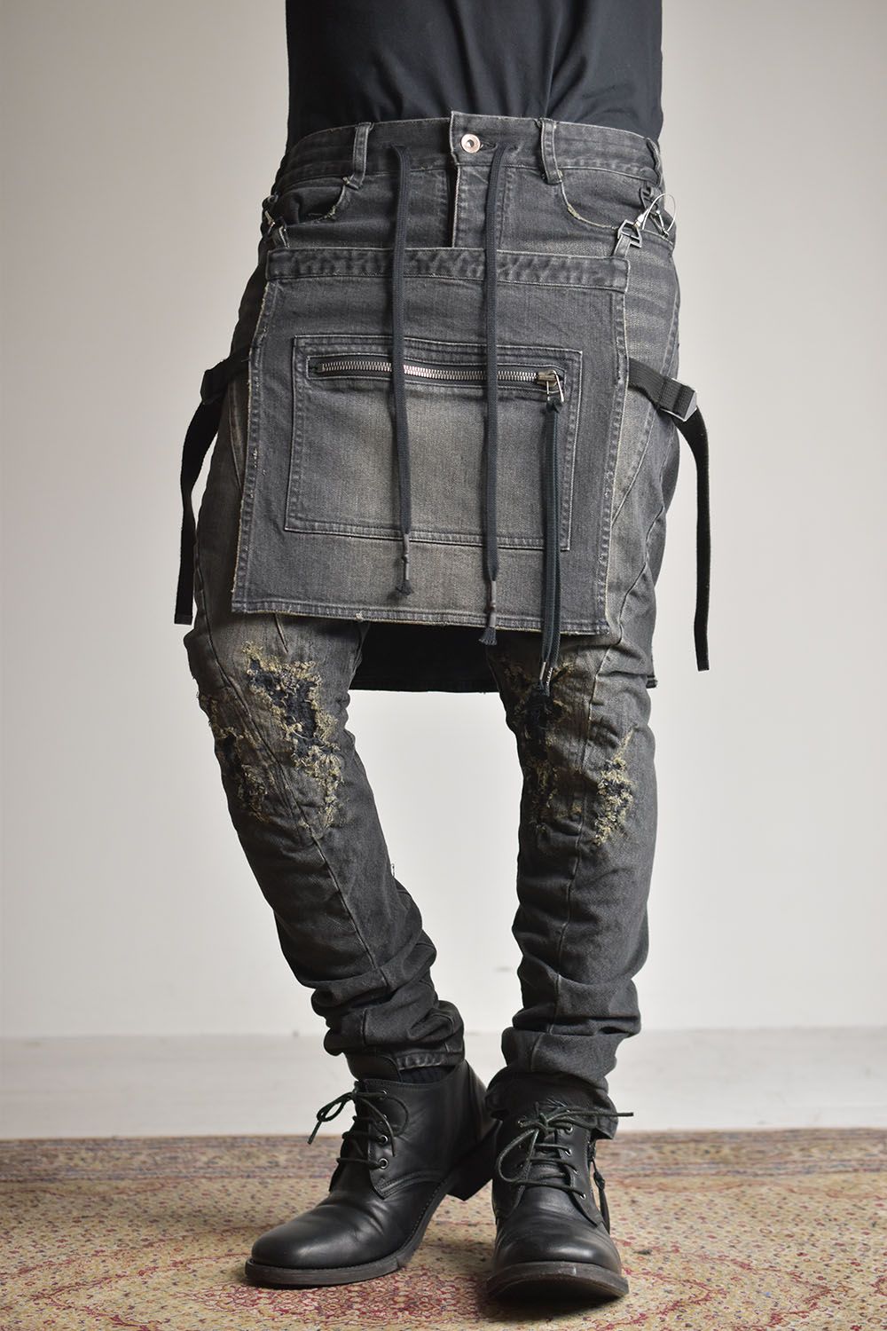 Bum Flap Damaged Denim Drop Crotch Slim Pants "Black"/バムフラップダメージドデニムドロップクロッチスリムパンツ"ブラック"