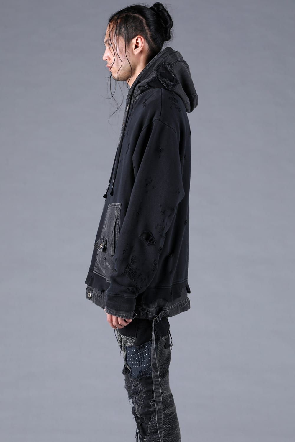 Denim Combination Non-Twisted Yarn Lined Oversized Pullover Hoodie"Black" / デニムコンビネーション無撚糸裏毛オーバーサイズプルオーバーフーディー"ブラック"