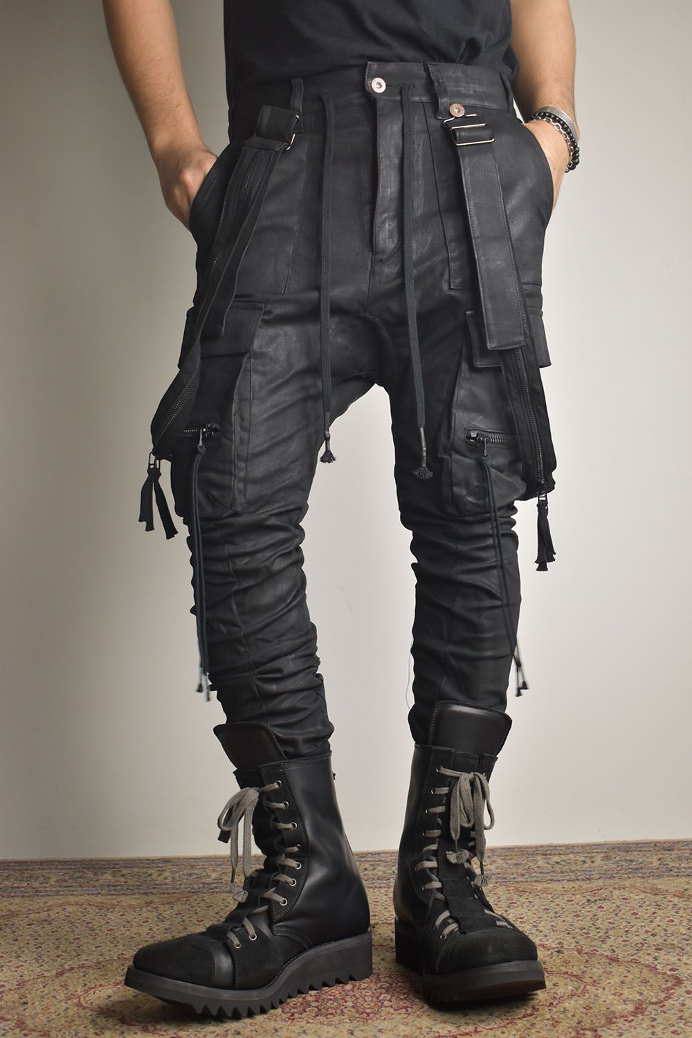 Product Coated Suspenders Cargo Jog Pants "Black" / 製品コーティングサスペンダーベルトカーゴジョグパンツ"ブラック"