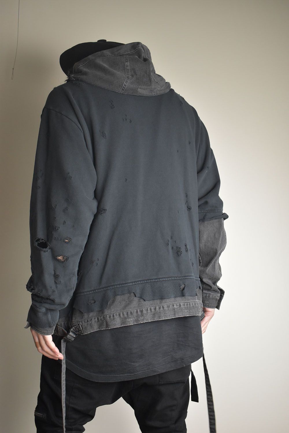 Denim Combination Non-Twisted Yarn Lined Oversized Pullover Hoodie"Black" / デニムコンビネーション無撚糸裏毛オーバーサイズプルオーバーフーディー"ブラック"