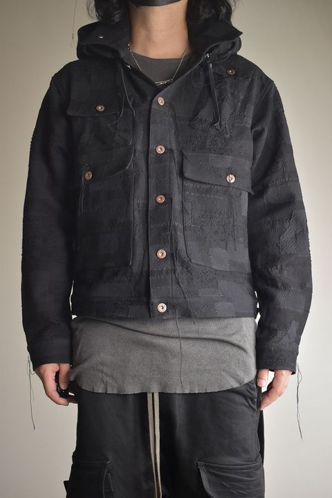 Crust Patchwork Jacquard Hood Attached Jacket "Black" / クラストパッチワークジャガードフードアタッチドジャケット"ブラック"