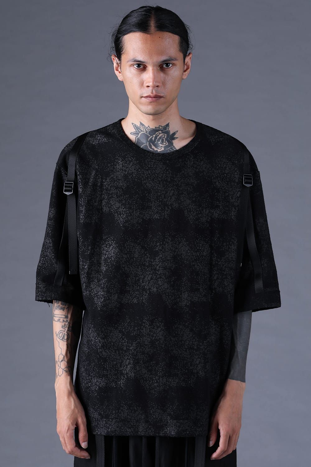 《2027SS先行予約分》Crack-Coated Jersey Belt-Adjustable S/S T-Shirt"Black" / クラックコーティングジャージーベルトアジャストショートスリーブTee"ブラック"