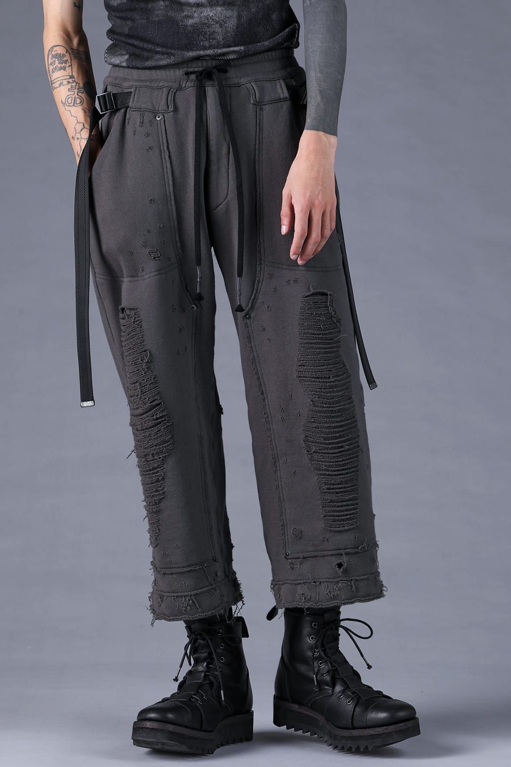 Untwisted Yarn Fleece Shotgun Wide Cropped Pants"Charcoal" / 無撚糸裏毛ショットガンワイドクロップドパンツ"チャコール"