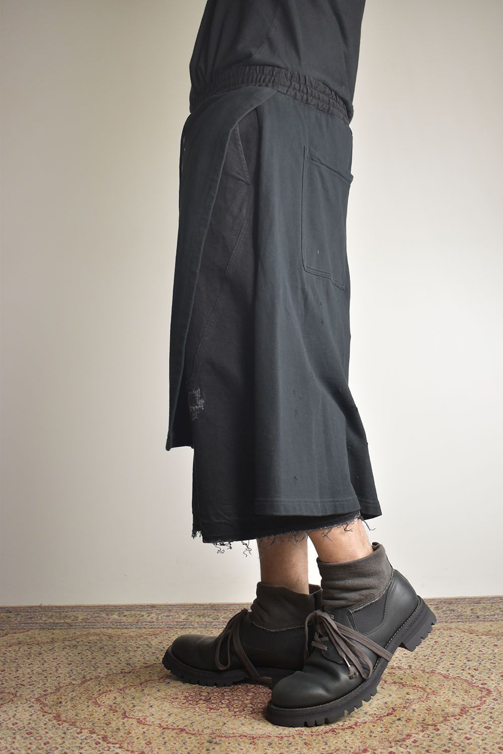 Stretch Denim Distressed Apron Wide Cropped Pants "Black" / ストレッチデニムダメージエプロンワイドクロップドパンツ"ブラック"